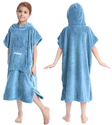 Hiturbo Kids Changing Robe Towel Poncho Bath Robe with Hooded for Beach,Swimming,Surfing Blue