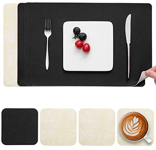 Myir JUN Tischsets abwaschbar Leder und Untersetzer doppelseitige Platzsets | Platzdeckchen abwaschbar 4er Set rutschfest Tischsets Platzsets abwaschbar Kunstleder (Cremeweiß Schwarz, 4er Set)