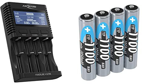 Ansmann für bis zu 4 AA/AAA/C/D NiMH Akkus & Li-Ion 18650/26650 Akkuladegerät (Laden/Entladen/Testen) & Akku AAA Typ 1100 mAh (min. 1050 mAh) NiMH 1,2 V (4 Stück) - Micro AAA Batterien wiederaufladbar