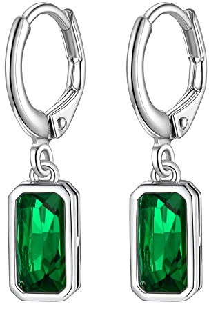 Suplight Pendientes Mujer Plata de Ley 925 Aros Pequeños Rectangular Piedra Nacimiento de 12 Meses