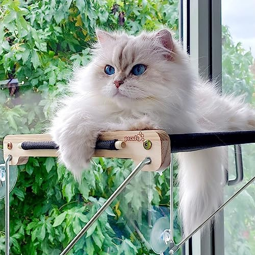 Pecute Katzen Fensterplätze (bis 15 kg), Fensterliege Hängematte für Katzen | Massivholz und Metall, Stabiles Fensterbrett, Hängebett Fenster mit Saugnapf, 46x32 cm
