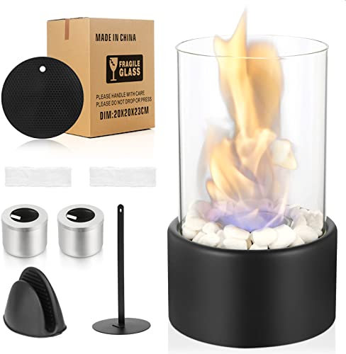 Tischkamin, QKFON Ethanol Kamin für Indoor Outdoor mit PU Pad, Verstellbare Flamme Brennkammern mit Natursteinen für Balkon Terrasse Wohnung Garten Deko Zubehör