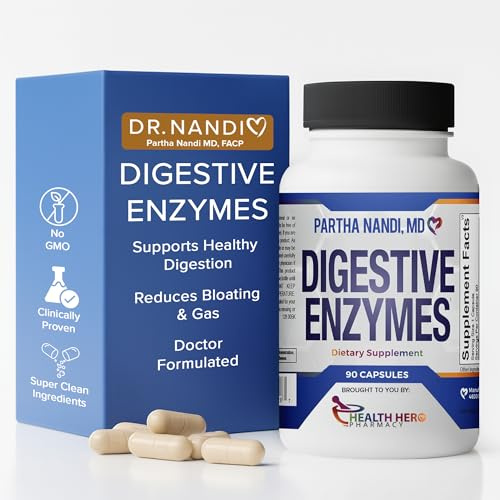 Digestive Enzymes Supplement – Designed to support Gas, Bloating & Nutrient Absorption – Full Spectrum Protease, Amylase, Lipase, Cellulase, Lactase – Vegan, Non-GMO, Gluten-Free – 90 Capsules