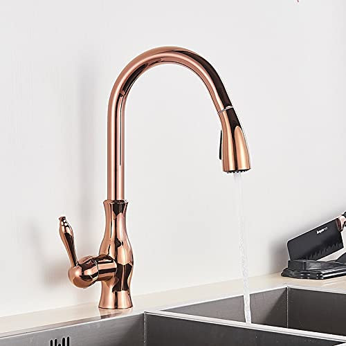 Grifos, grifo giratorio de pulido dorado, grifo de fregadero de cocina, rociador extraíble, diseño de moda, baño, cocina, grifo mezclador de agua fría y caliente/oro rosa