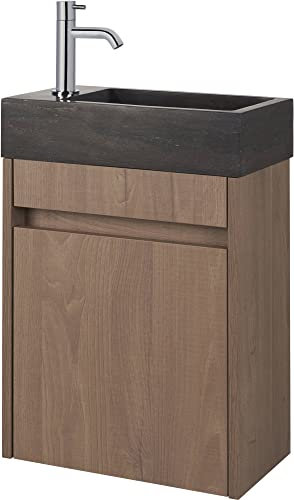 Saqu Florence Gäste WC Waschbecken mit Unterschrank Vormontiert - in Braun mit Naturstein-Waschbecken und Chromarmatur Links - Kleines Gäste WC Bad Möbel mit Waschtisch