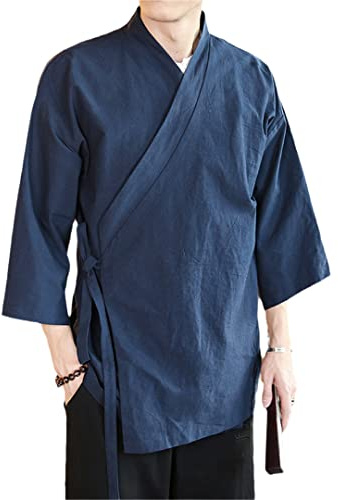 Bollrllr Veste Kimono en Coton et Lin pour Homme - Vert, Style Rétro, Coupe Ample - Parfait pour le Quotidien, les Fêtes, les Activités en Plein Air et les Festivals, bleu marine, XL