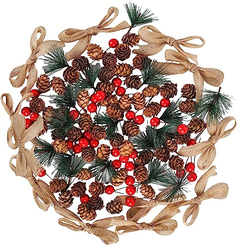 TSLBW 120 Piezas Navidad Guirnalda Hacer Decoración, Ramas de Pino Artificial Bayas de Acebo Rojas Piñones Naturales Lazo para Árbol de Navidad Decoración Guirnalda Otoño Invierno DIY Manualidades