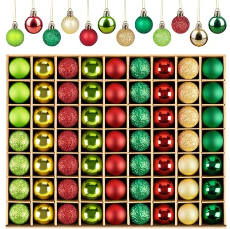 63pcs Mini Christmas Tree Baubles, 3cm Red Green Gold Small Christmas Baubles, Small Shatterproof Tree Ornaments Set for Xmas Holiday Wedding Party Decorations Home Festival Decors