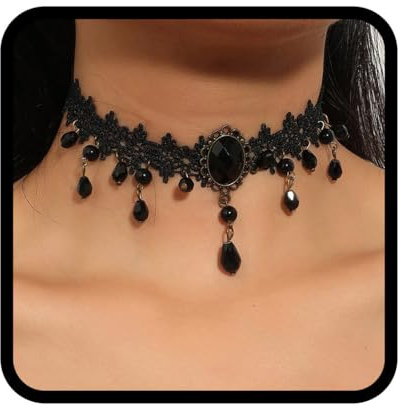 Handcess Gothic Spitzen Choker Halskette schwarze Perlen Quasten Halsketten Strass Halskette mit hohler Blume Schmuck für Damen und Mädchen