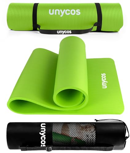 unycos - Gymnastikmatte - Yogamatte Rutschfest【183x60 cm】NBR 15 mm Dicke | Inkl. Tragegurt und E-Book mit Übunge, Sportmatte Ungiftig für Fitness, Pilates & Gym, Home Sport (Grün)