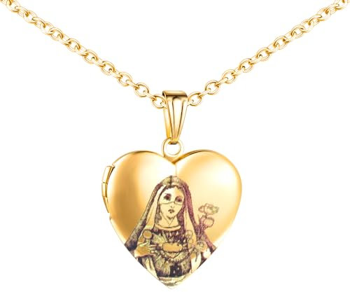 MICMIF Kette Bild Foto Herz Anhänger die Jungfrau Maria mit Nelken Herz Medaillon zum öffnen Personalisiert Foto Bilder Edelstahl Religiöse Medaille Amulett Halskette Schmuck für Damen Mädchen
