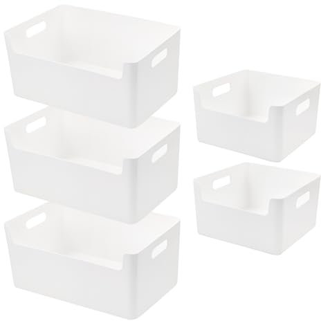 LYLIDIA Boite de Rangement Plastique Empilables 5pcs Panier de Rangement avec Poignées Boîte Rangement Blanche Bac Plastique Rangement Placard Panier Rangement Salle de Bain Cuisine Bureau