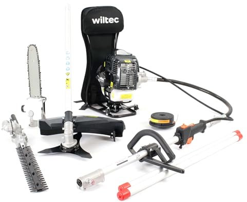 Wiltec 4-in-1 Multifunktionsgerät mit 2-Takt-Motor mit Rucksack, Backpacker Multigartengerät, Multitool Gartenwerkzeug mit u.a. Rasentrimmer
