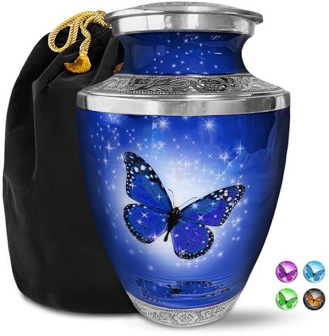Everlight Memorials Große Urne für menschliche Asche - Dunkelblaue Schmetterlingsurne für Erwachsene, Männer & Frauen - dekorative Gedenkurne für Beerdigung, Beerdigung oder Zuhause