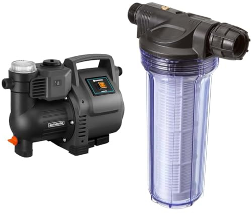 Gardena 01757-20 Hauswasserautomat 230V, Estandar, bis zu 3500 l/h & 01730-20 Pumpen-Vorfilter 180 mm x 33,25 mm (1) AG, 30,3 mm (1) IG Kunststoff, Standard, bis zu 6000 l/h