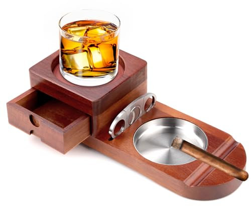 Zigarrenaschenbecher Holz Set Cuban Cigar Ashtray Zigarren Zubehör Smoker Kubanische Zigarren Whiskey Zigarren Geschenkset mit Abnehmbarer Schublade und Zigarrenschneider für Zuhause, Büro, Bar(Braun)