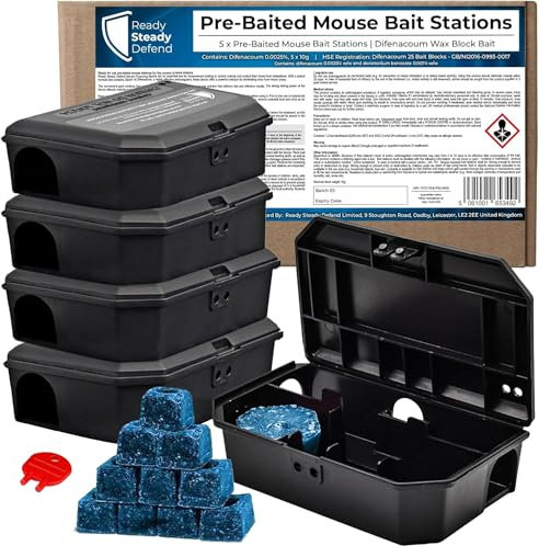 Pre Baited Mouse Boxes (5 x 10g) Effective Indoor Mouse Trap Boxes - Safe Mouse Poisoning Solutions, Convenient Mouse Poison, Ideal Mouse Traps for Indoors, Preloaded Mouse Killer Complete with Key