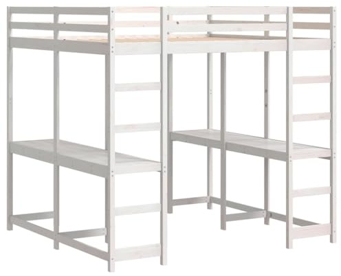 vidaXL Hochbett mit Schreibtisch & Leiter Weiß 140x200 cm Kiefernholz, Hochbett mit Schreibtisch, Etagenbett Kinder, Hochbett Massivholz