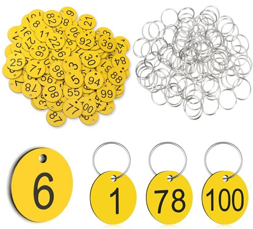 Sinmoe Kunststoff Nummernschilder 1–100 Zahlen Schlüsselanhänger Plastik Nummerierte ID Anhänger mit Loch für Garderobe Gepäck Restaurant Schließfächer Hotel(Gelb)