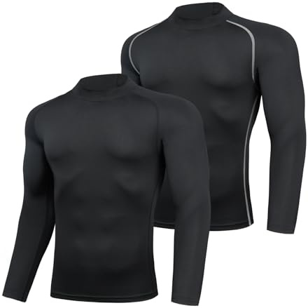 AMZSPORT Herr 2-pack kompressionströja långärmad funktionell skjorta snabbtorkande löpartröja andningsaktiv sportskjorta för män, Mock Neck svart, XXL