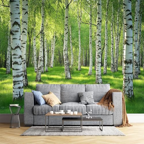 JEDTAKCT 300X210Cm Seidetapete Grüner Birkenwaldtapete Elegance Tapete Im Waldlandschaft Design Tapete Wandtapete Wohnzimmer Schlafzimmer Flur Strukturtapete