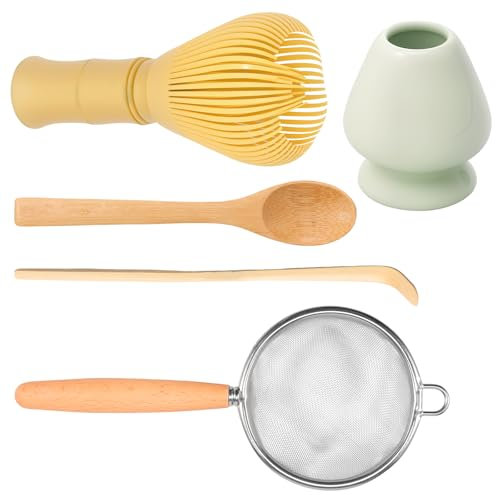 Set Matcha da 5 pezzi, pratico set Matcha con frusta Matcha, porta scopa, colino, cucchiaino, accessorio giapponese per cerimonia matcha, set perfetto per la preparazione degli amanti del tè matcha