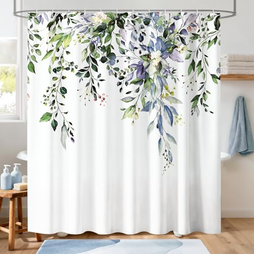 Hopomoon, tenda da doccia con immagine di eucalipto, in tessuto, decorazione moderna per bagno in stile fattoria, con fiori primaverili in acquerello, tenda da bagno boho impermeabile con 12 ganci