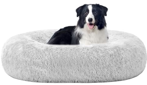 HMTOPE Ortopedisk hundsäng, rund hundkudde, hundsoffa, kattsäng, munk, mysig hundkorg, tvättbar, 90 cm Ø, ljusgrå