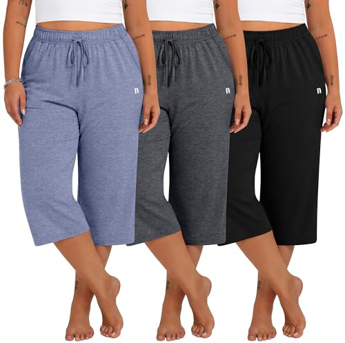 Neer Lot de 3 Pantalons Capri décontractés pour Femme avec Cordon de | Pantalon de survêtement ample décontracté avec cordon de serrage et taille élastique pour femme