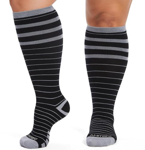 Calze Compressione Graduata per Donna e Uomo: Calzini Compressione Bambù Taglie Forti 15-20mmHg Calze Elastiche Contenitive per Polpaccio Spessi per Corsa Gravidanza e Vene Varicose 1 Paio XXL Strisce