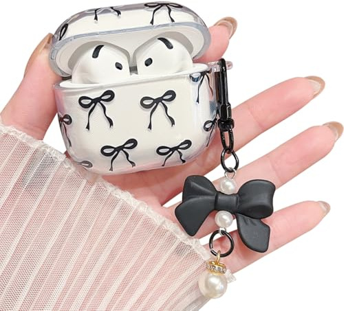 MINSCOSE Custodia trasparente compatibile con AirPods 4, motivo con fiocco kawaii, design femminile con fiocco e perle, custodia protettiva antiurto in morbido poliuretano termoplastico, per donne e
