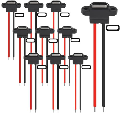 RUNCCI-YUN 10Pièces connecteur USB C a souder prise femelle, USB C 2 Fils femelle connecteur panneau,150mm 24 AWG, Noir avec fonction PD