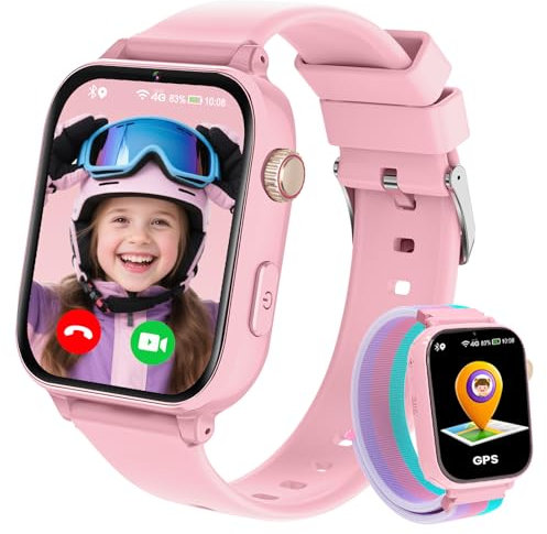 PTHTECHUS 4G Smartwatch Bambini GPS, Orologio Intelligente per Ragazza e Ragazzo 4-12 Anni con Telefono, Videochiamata, Chat, SOS, Sveglia, Contapassi, Camera, Modalità Classe, Gioco, Rosa Acceso