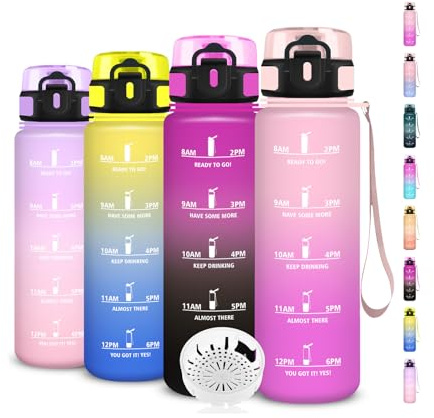 Trinkflasche 1l, Wasserflasche Sport, Trinkflasche Kohlensäure Geeignet, Wasserflasche Auslaufsicher, mit Zeitmarkierung, Leicht zu Reinigen, Flasche Erwachsene für Fahhrad, Schule, Büro, Running