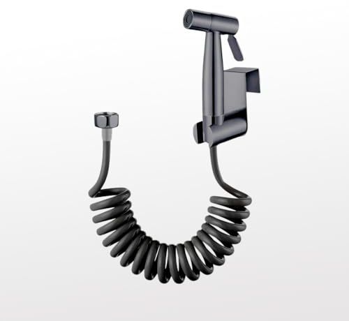 QEENLOCK Kit complet douchette WC en acier inoxydable, pulvérisateur bidet portable avec crochet pour réservoir d'eau, tuyau télescopique flexible 150 cm pour toilettes,lavabo,Gris foncé