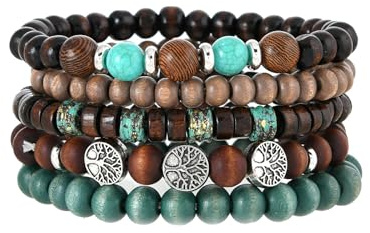 QKEOISUD 5PCS Boho Beaded Bracelets,Multi Layer Stackable Wooden and Alloy Bracelets,Tree of Life Pattern Design,Handmade Bead Elastic Portability Cuff Bangle Wristband Jewelry Gifts for Men Women