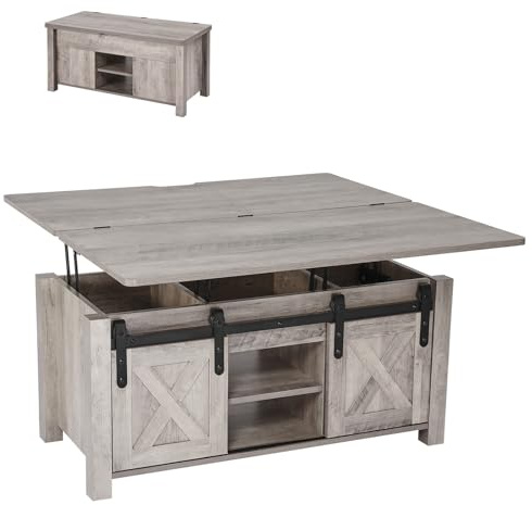 VEVOR Mesa de Centro Elevable 100 cm, Mesa de Café con Puerta Estilo Granero y Compartimento de Almacenamiento Oculto, Mesita de Salón o Comedor de Madera para Salón, Oficina, Hogar, Roble Rústico