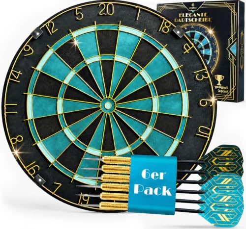 Dartscheibe Dartboard Sisal Professionell Türkis mit Goldener Zahlenring & Pfeilen - Profi Steeldartscheibe - Dart Scheibe Target mit 6 Dartpfeilen Metallspitze golddart Flight Barrels shafts schäfte