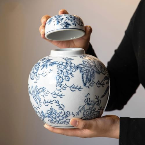 XIUWOUG Vase en Jarre Vintage Bleu et Blanc avec Couvercle pour décoration Chinoise, Vase décoratif Chinois à craquelures Anciennes pour la décoration intérieure, décoration du Salon