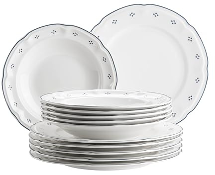 Mäser Serie Lova, Tafelservice 12-teilig Porzellan – 6 Speiseteller 26 cm & 6 Suppenteller 22 cm – Blau