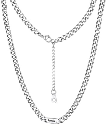 PROSTEEL Namen Kette für Herren Damen, Edelstahl Punk Halskette mit Namen Gravur, Klassische Panzerkette silber/gold/schwarz,5mm/7mm breit, 45-60 cm mit 5cm Extender Kette, verstellbar