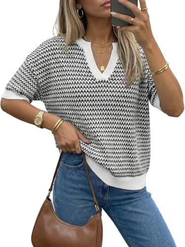 Arach&Cloz Women's 100% Cotton Short Sleeve Sweater Polo V Neck Striped Pullover Knit Spring Summer Casual Trendy Fashion 2026 Black M