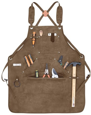 KUWHSIOP Heavy Duty Waxed Canvas Aprons for Men Water-Resistant Adjustable Crossback Straps Work Apron with Pockets,Khaki,One Size