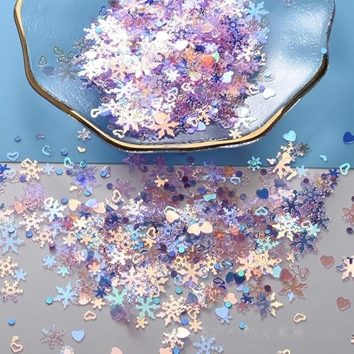 WANYI 30g Pailletten Schneeflocken Deko Konfetti Herzförmig Schneeflocken Glitzer Streudeko für Nagelsticker, DIY Bastelarbeiten Tischdeko Party Dekorationen(Lila)