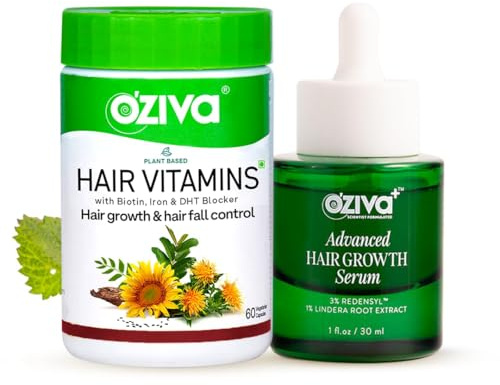 Vitamin Capsules for Hair Growth & Hair Fall Control, 60 Cap and OZiva+ Advanced Hair Growth Serum with 3% Redensyl & 1% Lindera Root Extract | Balances Scalp Microbiome 30ml