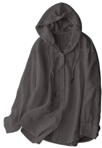 Chemises à capuche surdimensionnées en coton et lin avec protection solaire pour femme - Style décontracté et ample - Manches longues - Boutonné - Chemisier d'été à capuche - Pour l'extérieur et la
