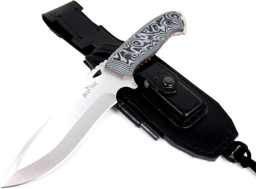 JEO-TEC Nº43 Cuchillo de hoja fija para supervivencia caza monte bushcraft camping outdoor campo - Funda de piel con pedernal y piedra afilar incluidos - Acero MOVA 58 - Fabricado en España