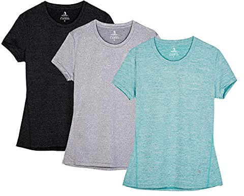 icyZone® Dam sport t-shirt löpning fitness skjortor sportkläder kortärmade toppar kortärmad topp, Svart/granite/grön, S
