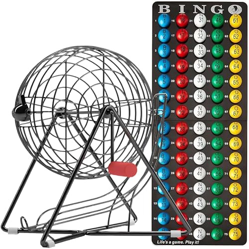 MR CHIPS 28 cm hög professionellt bingo-set med stålbingobur, evig 7/8 tum bingobollar, mästerbräda för bingobollar – mystisk svart