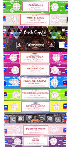 Satya Räucherstäbchen, Patchouli, weißer Salbei, schwarzer Kristall, Emotionen, mystisches Yoga, Nag Champa, traditionelles Ayurveda, sieben Chakra, Superhit Positive Vibes Reiki (Serie 2)